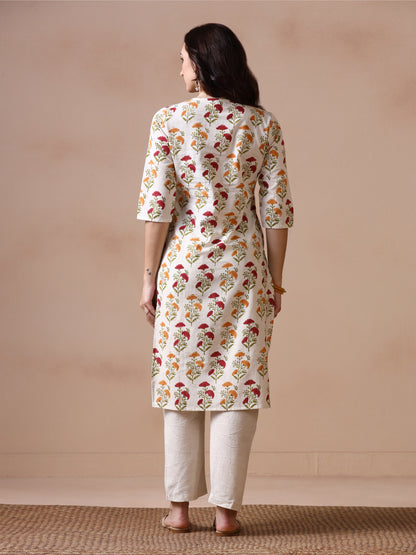 Off-White Cotton Straight Kurta with Red and Yellow Floral Block Prints