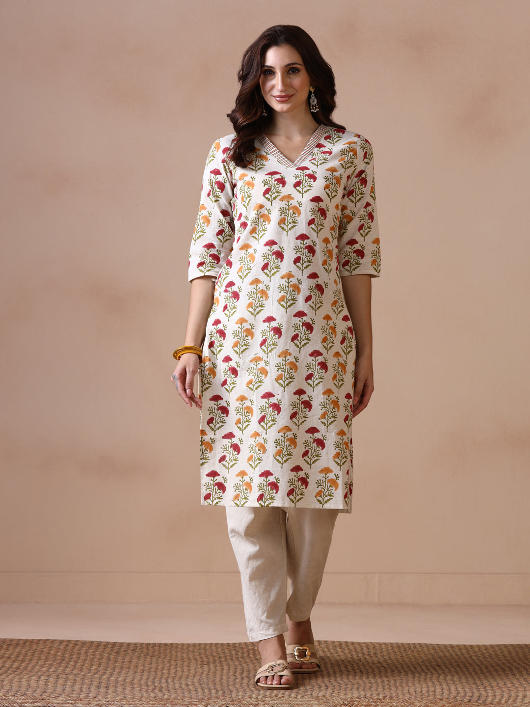 Off-White Cotton Straight Kurta with Red and Yellow Floral Block Prints