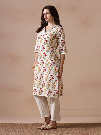 Off-White Cotton Straight Kurta with Red and Yellow Floral Block Prints