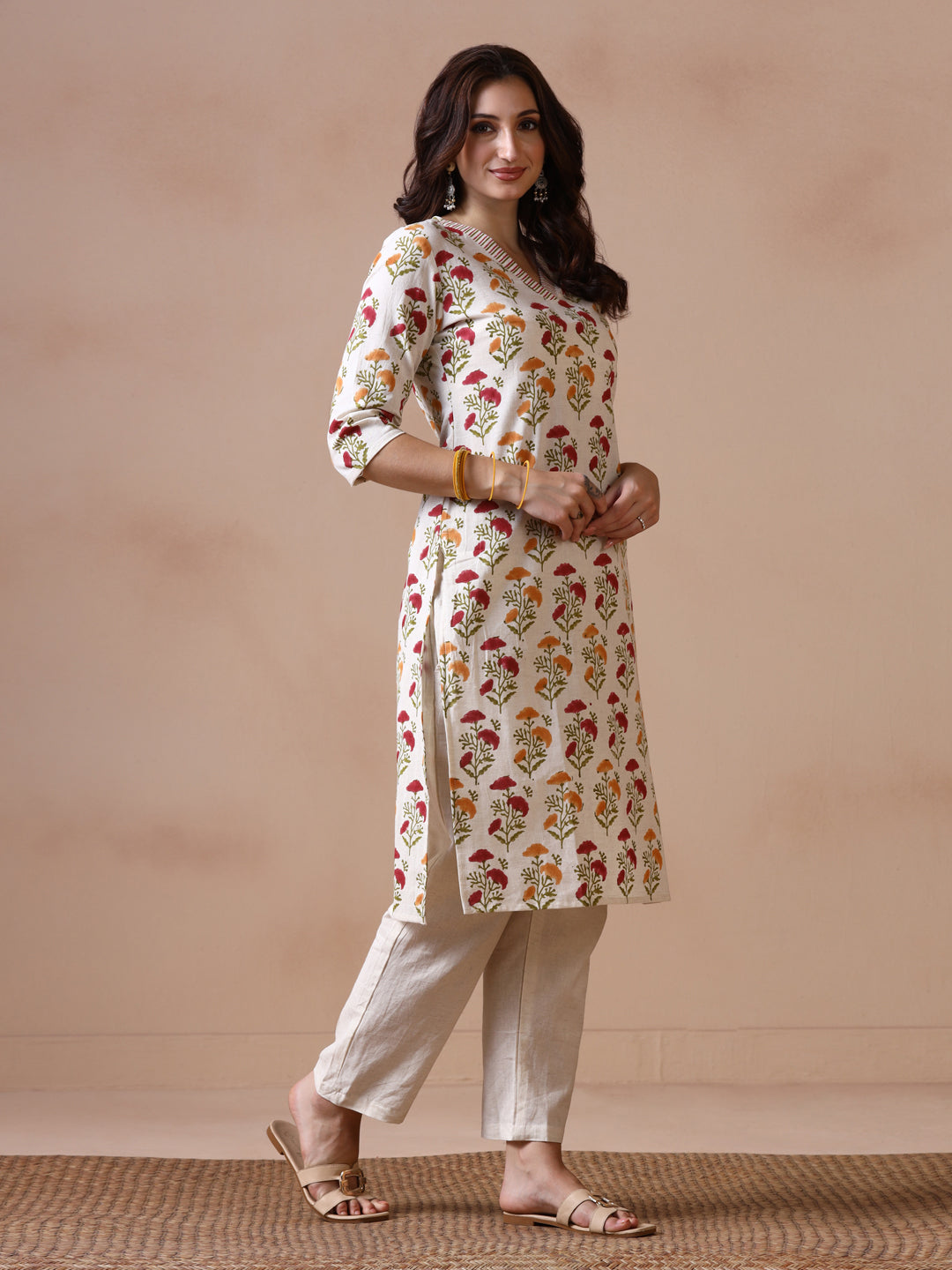 Off-White Cotton Straight Kurta with Red and Yellow Floral Block Prints