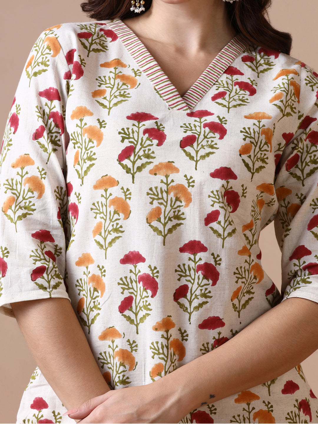 Off-White Cotton Straight Kurta with Red and Yellow Floral Block Prints