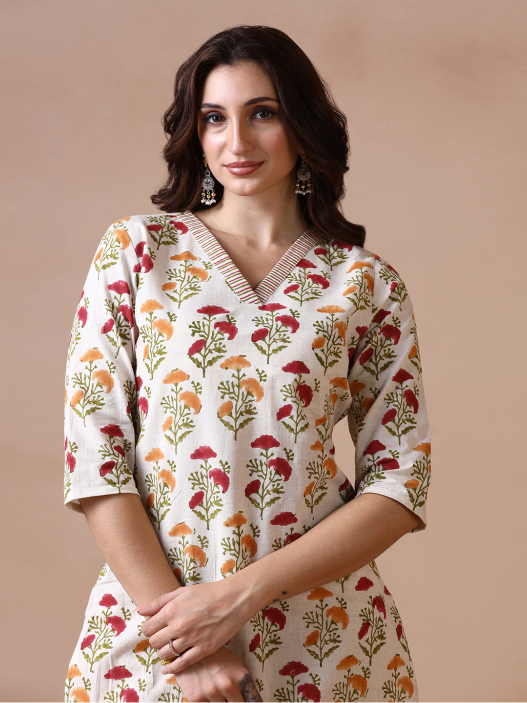 Off-White Cotton Straight Kurta with Red and Yellow Floral Block Prints