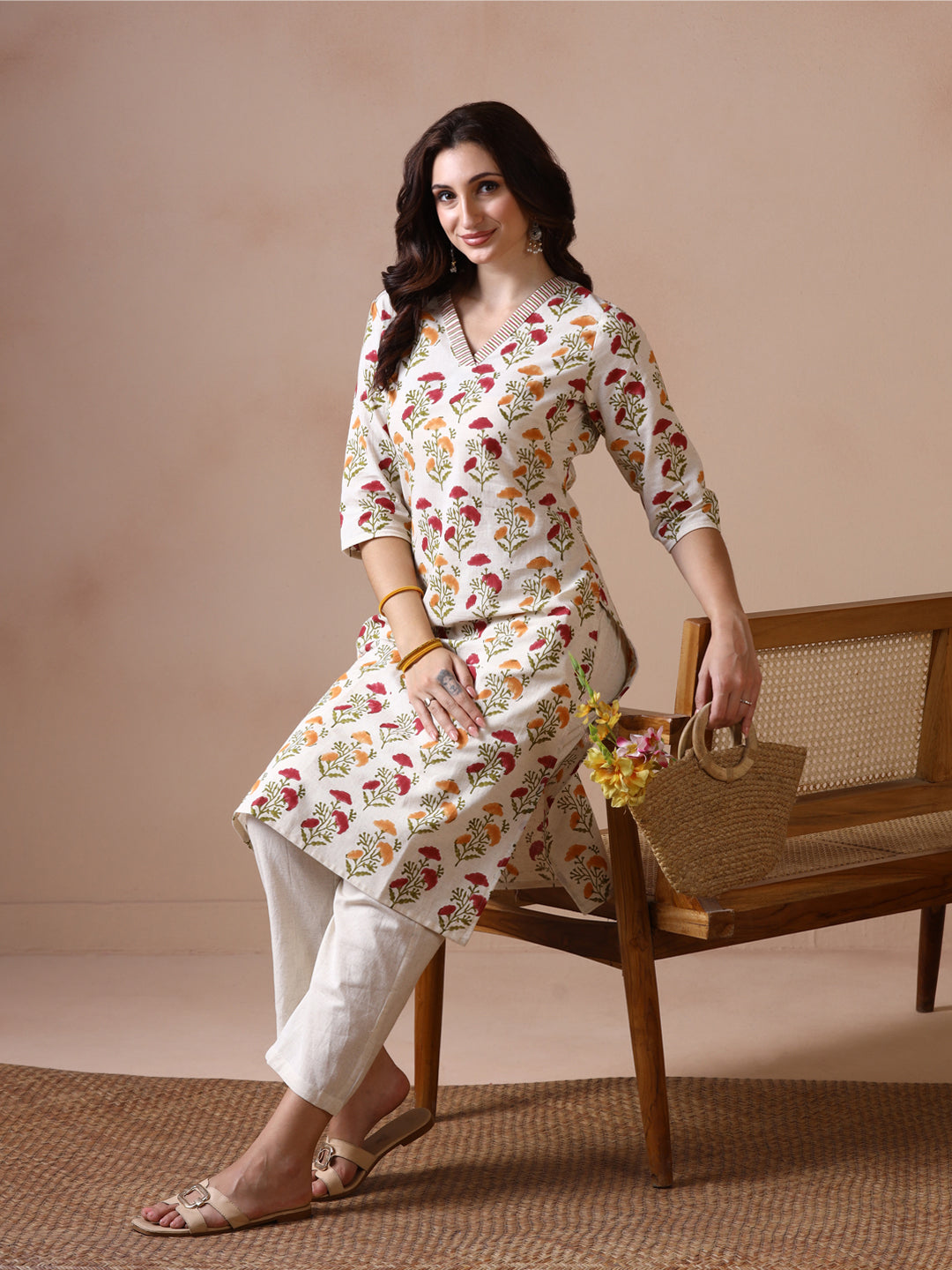 Off-White Cotton Straight Kurta with Red and Yellow Floral Block Prints