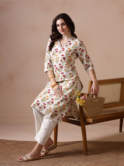 Off-White Cotton Straight Kurta with Red and Yellow Floral Block Prints
