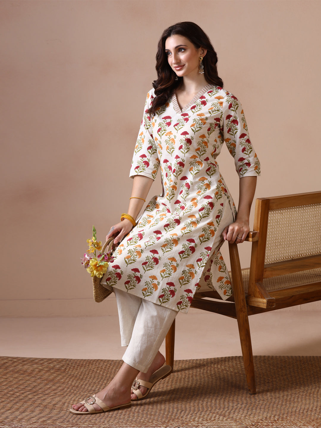 Off-White Cotton Straight Kurta with Red and Yellow Floral Block Prints