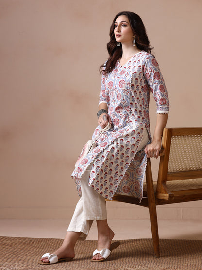 Off-White and Blue Cotton Straight Kurta with Red Floral Jaal Print.