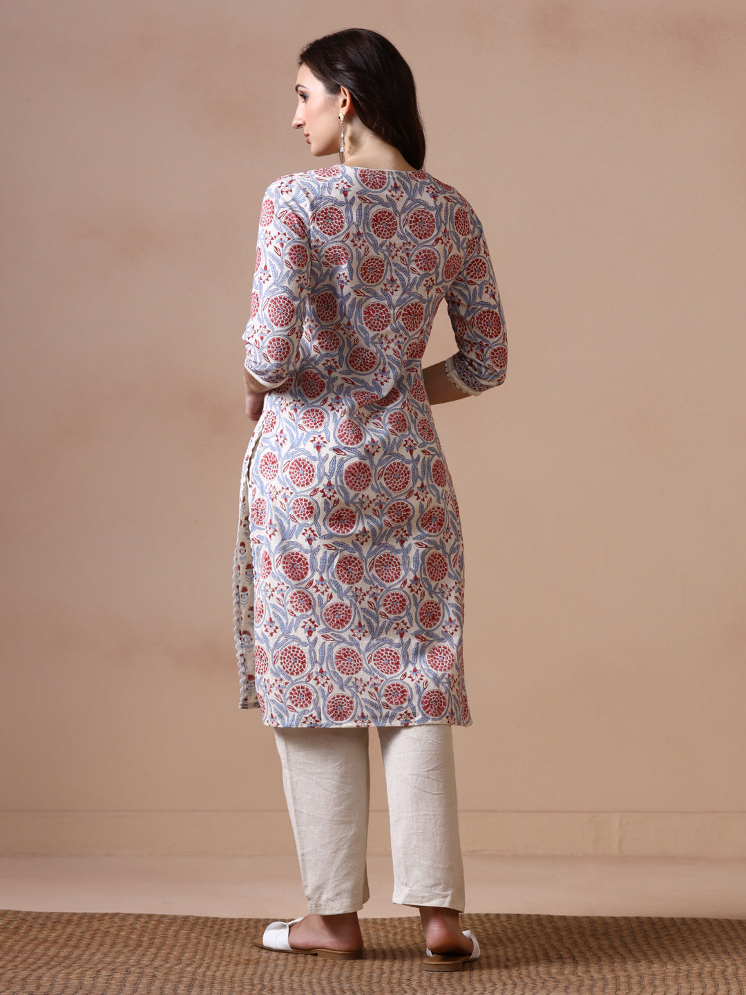 Off-White and Blue Cotton Straight Kurta with Red Floral Jaal Print.