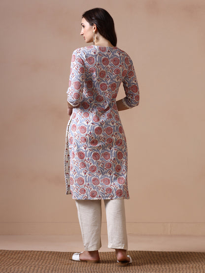 Off-White and Blue Cotton Straight Kurta with Red Floral Jaal Print.