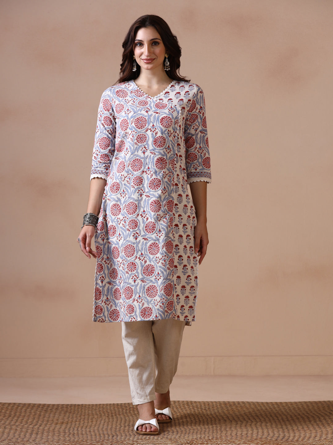 Off-White and Blue Cotton Straight Kurta with Red Floral Jaal Print.