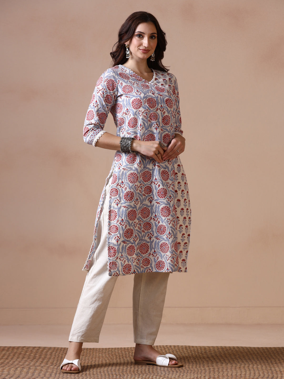 Off-White and Blue Cotton Straight Kurta with Red Floral Jaal Print.