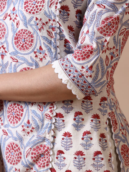 Off-White and Blue Cotton Straight Kurta with Red Floral Jaal Print.