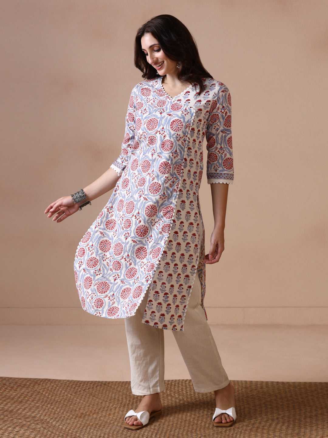 Off-White and Blue Cotton Straight Kurta with Red Floral Jaal Print.