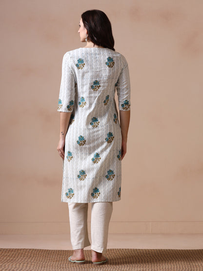 Off-White Cotton Handblock Printed Straight Kurta with Rose and Zig-Zag Prints