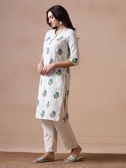 Off-White Cotton Handblock Printed Straight Kurta with Rose and Zig-Zag Prints