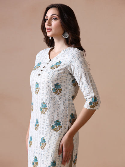 Off-White Cotton Handblock Printed Straight Kurta with Rose and Zig-Zag Prints