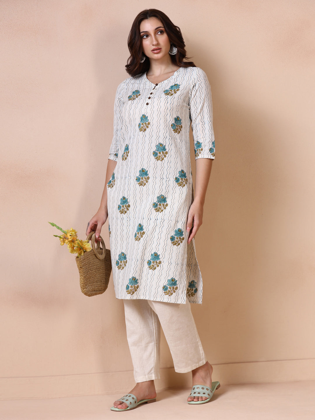 Off-White Cotton Handblock Printed Straight Kurta with Rose and Zig-Zag Prints