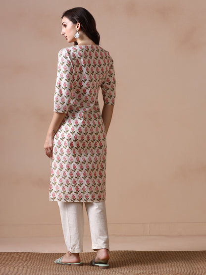 Traditional Buti Handblock Printed Cotton V- neck Kurta