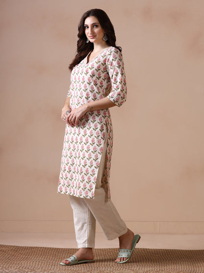 Traditional Buti Handblock Printed Cotton V- neck Kurta