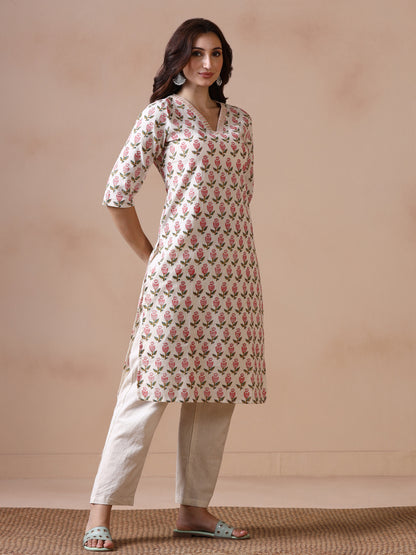 Traditional Buti Handblock Printed Cotton V- neck Kurta