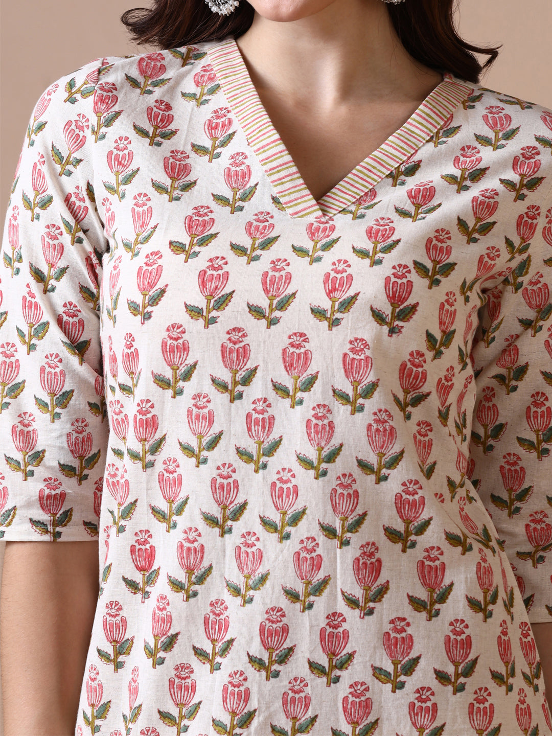 Traditional Buti Handblock Printed Cotton V- neck Kurta