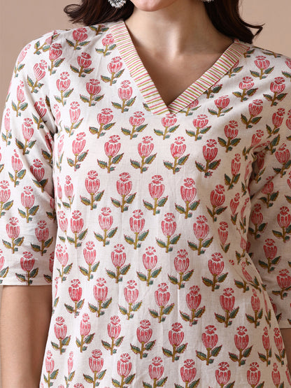 Traditional Buti Handblock Printed Cotton V- neck Kurta