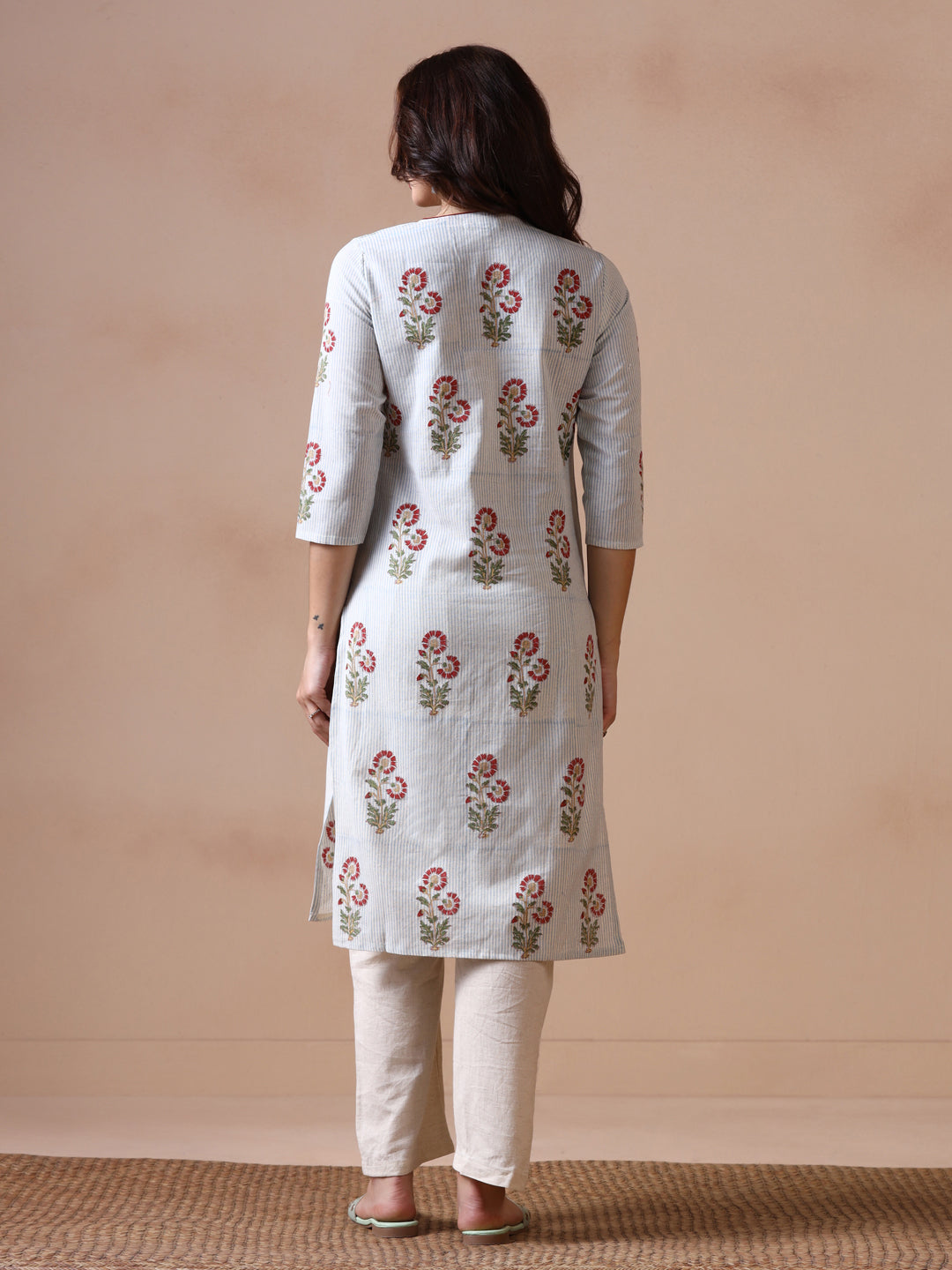 Light Grey Striped with Red Floral Butta Cotton Straight Kurta