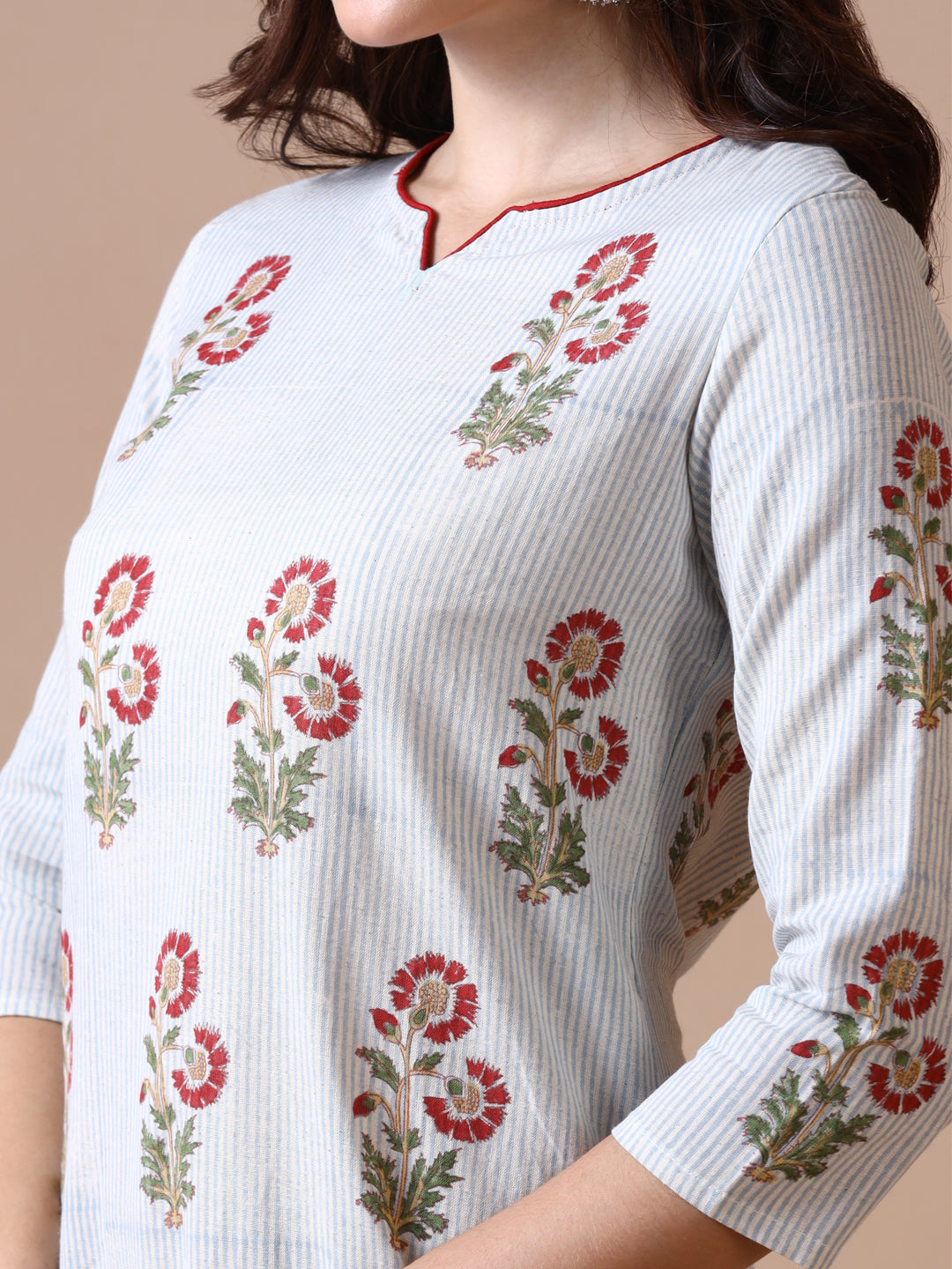 Light Grey Striped with Red Floral Butta Cotton Straight Kurta
