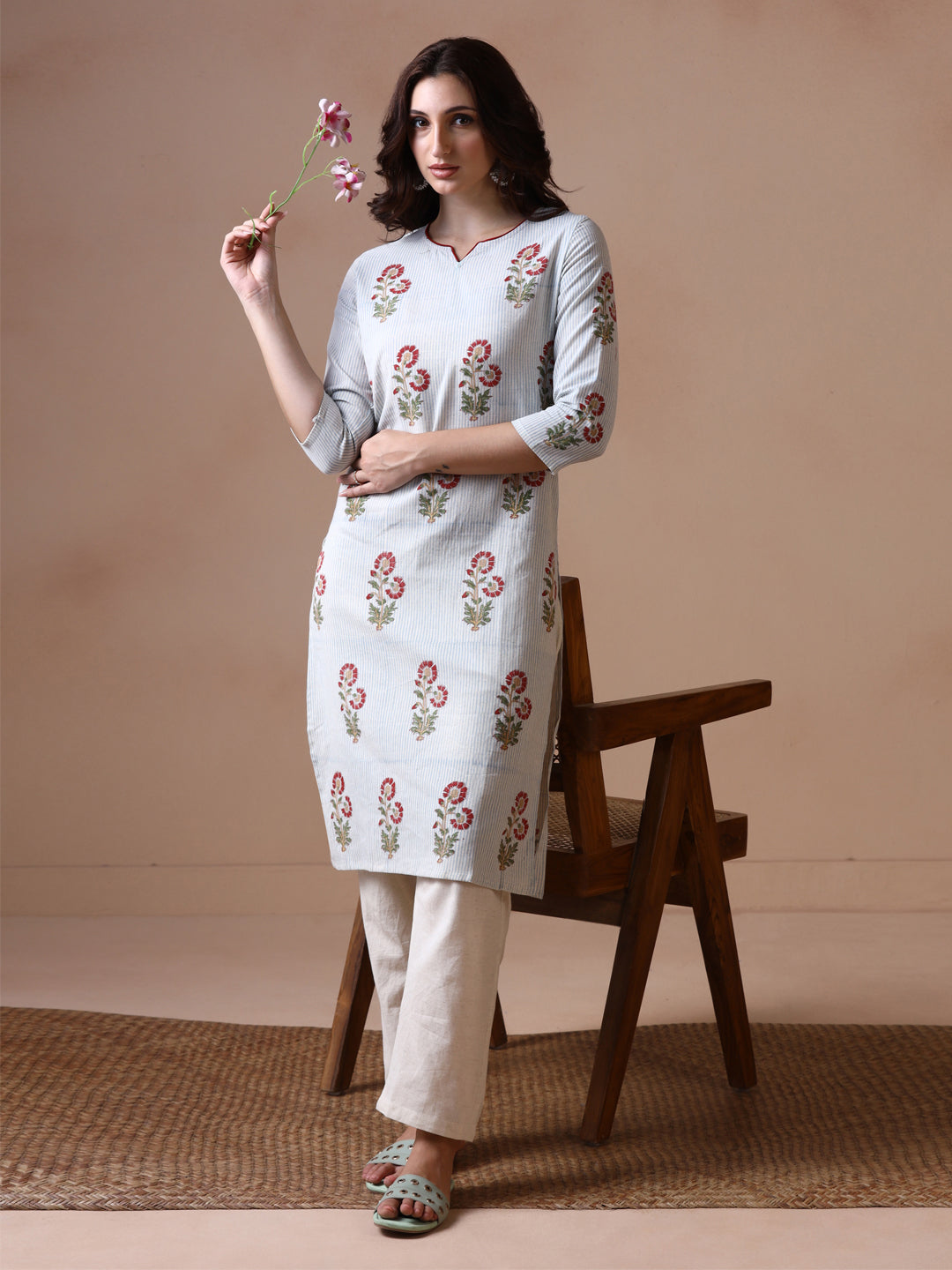 Light Grey Striped with Red Floral Butta Cotton Straight Kurta