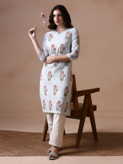 Light Grey Striped with Red Floral Butta Cotton Straight Kurta