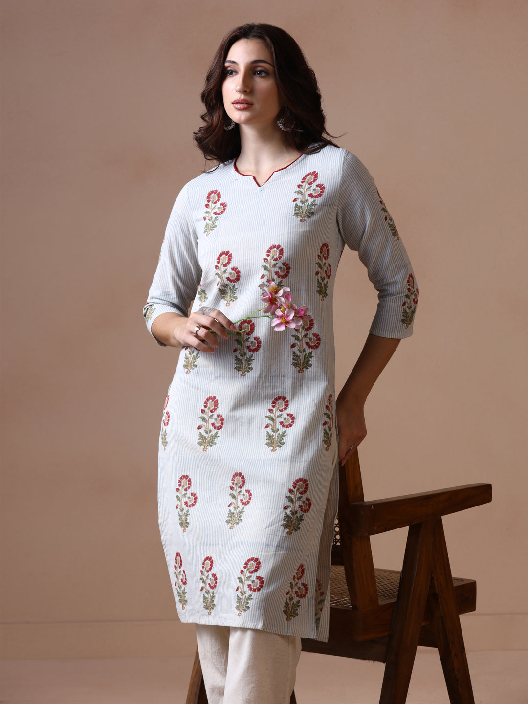 Light Grey Striped with Red Floral Butta Cotton Straight Kurta