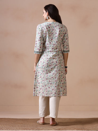 Floral Jaal Butti Hand Block Printed Straight Kurta