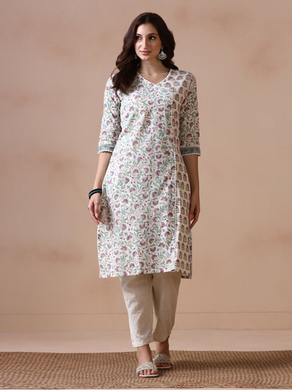 Floral Jaal Butti Hand Block Printed Straight Kurta