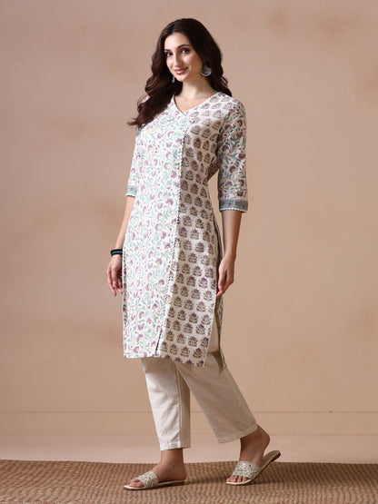 Floral Jaal Butti Hand Block Printed Straight Kurta
