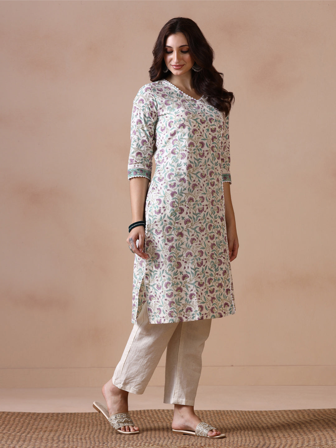 Floral Jaal Butti Hand Block Printed Straight Kurta
