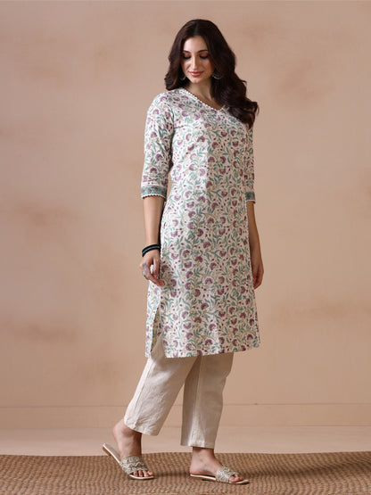 Floral Jaal Butti Hand Block Printed Straight Kurta