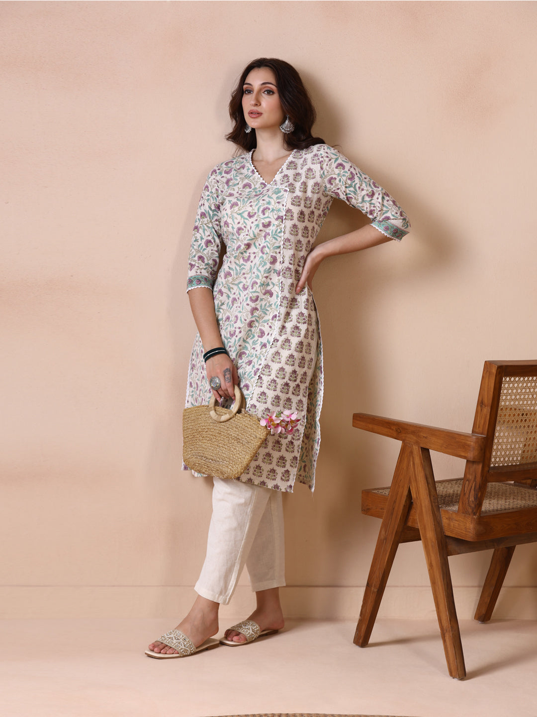 Floral Jaal Butti Hand Block Printed Straight Kurta