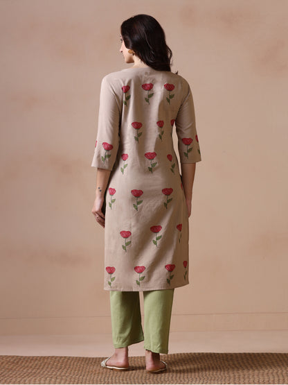 Rose Placement Hand Block Printed Straight Kurta