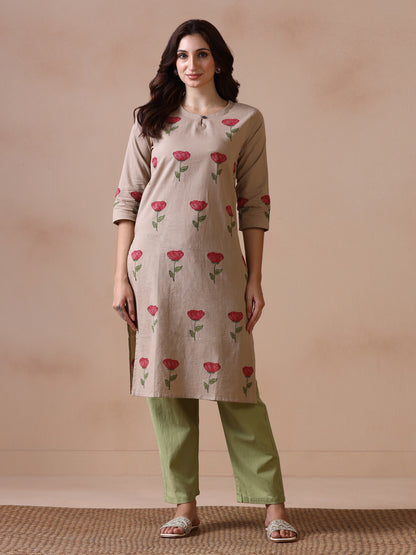 Rose Placement Hand Block Printed Straight Kurta