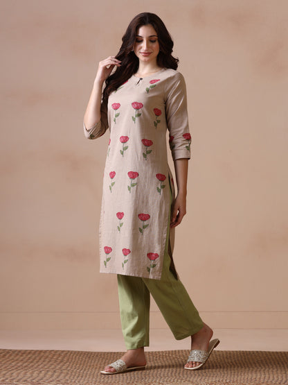 Rose Placement Hand Block Printed Straight Kurta