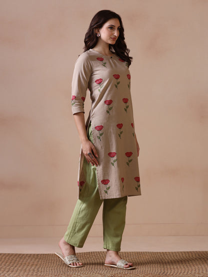 Rose Placement Hand Block Printed Straight Kurta