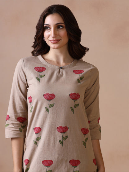 Rose Placement Hand Block Printed Straight Kurta