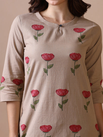 Rose Placement Hand Block Printed Straight Kurta