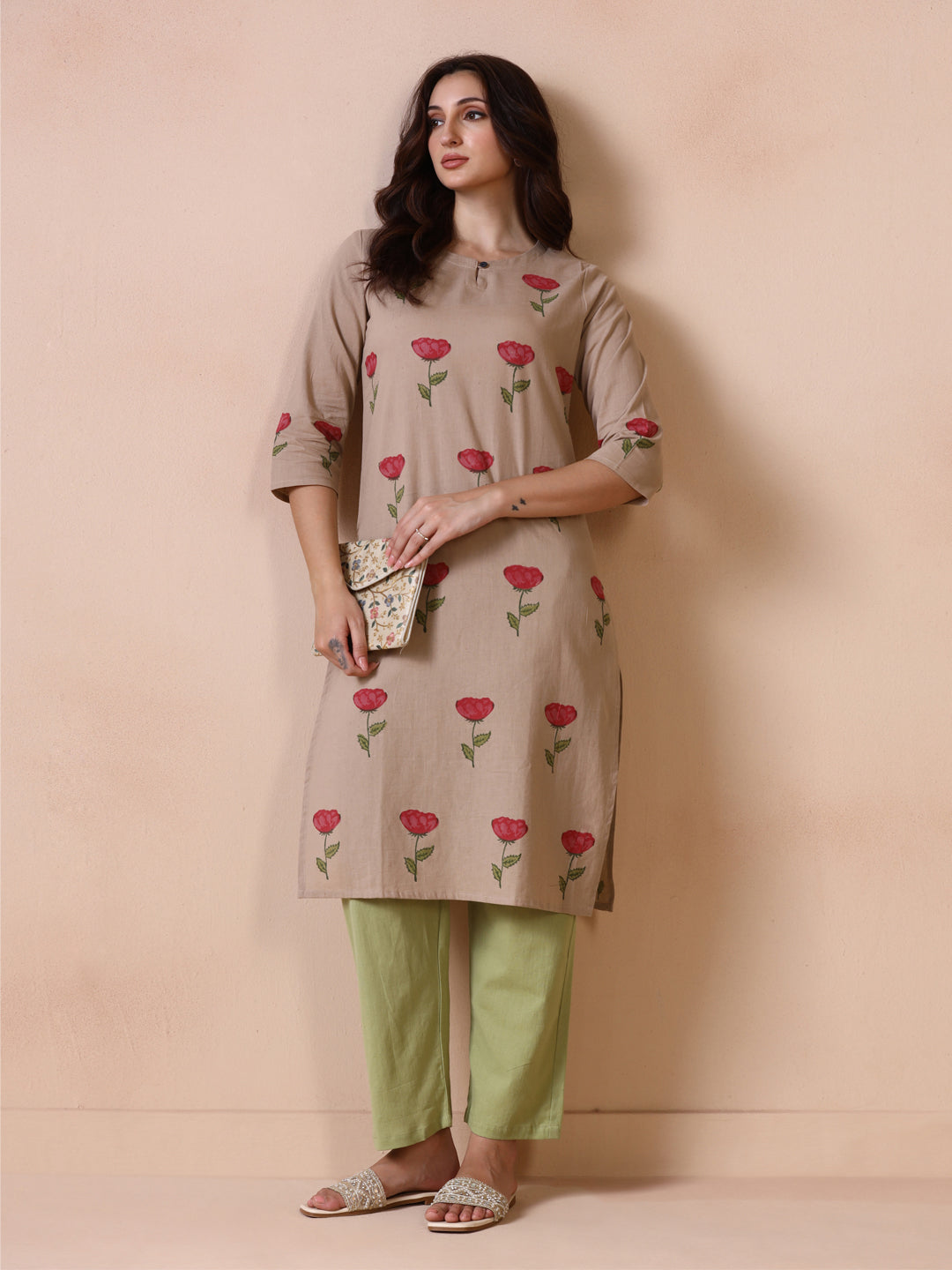 Rose Placement Hand Block Printed Straight Kurta