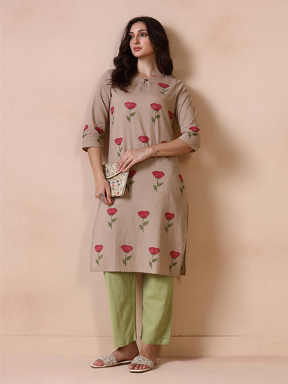 Rose Placement Hand Block Printed Straight Kurta