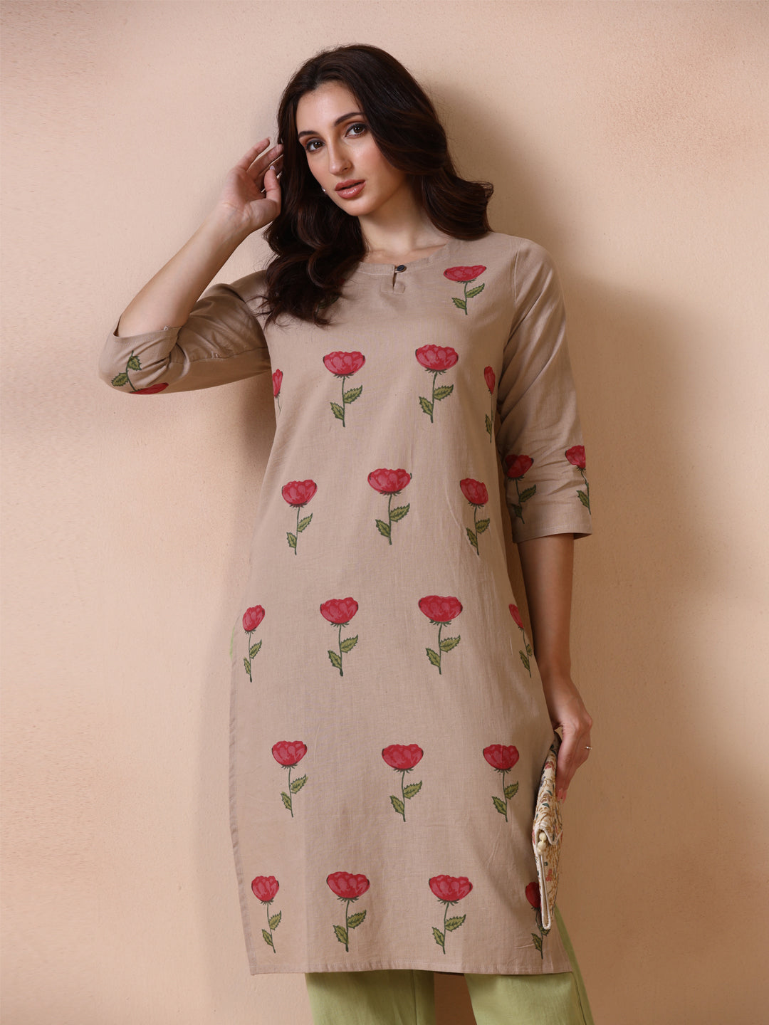 Rose Placement Hand Block Printed Straight Kurta