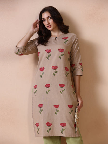 Rose Placement Hand Block Printed Straight Kurta