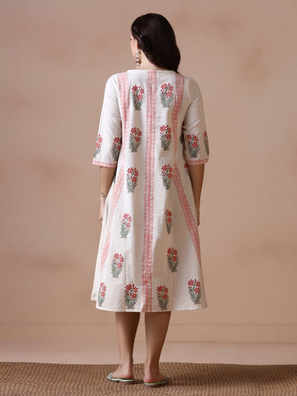 Off-White Floral Block Print A-Line Cotton Midi Dress with Pockets
