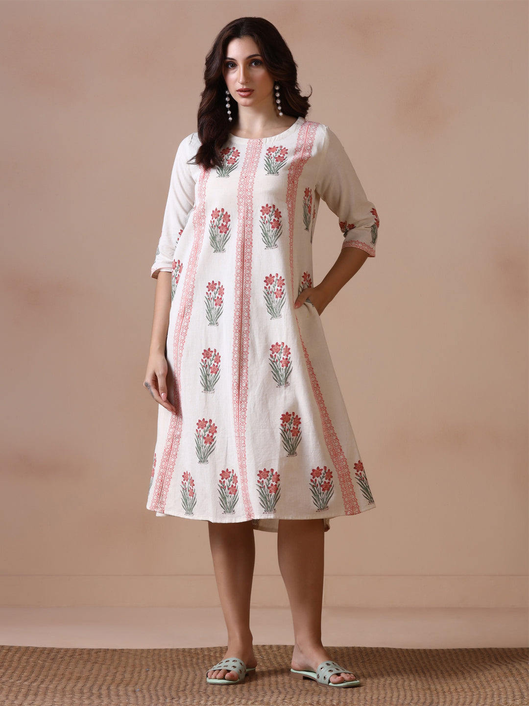Off-White Floral Block Print A-Line Cotton Midi Dress with Pockets
