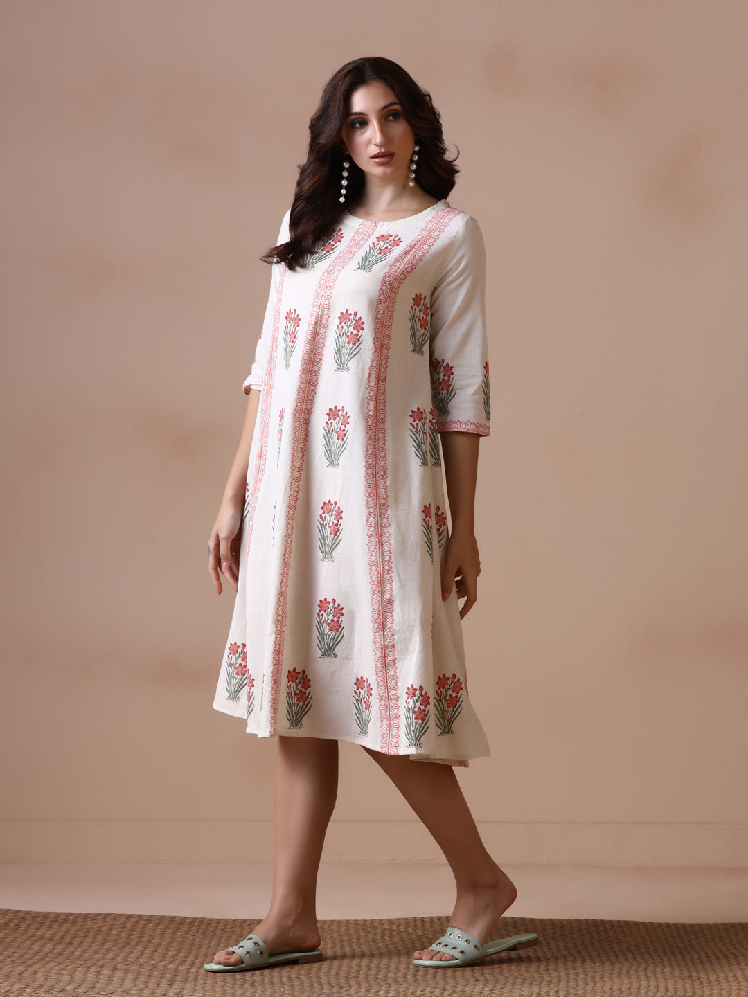 Off-White Floral Block Print A-Line Cotton Midi Dress with Pockets