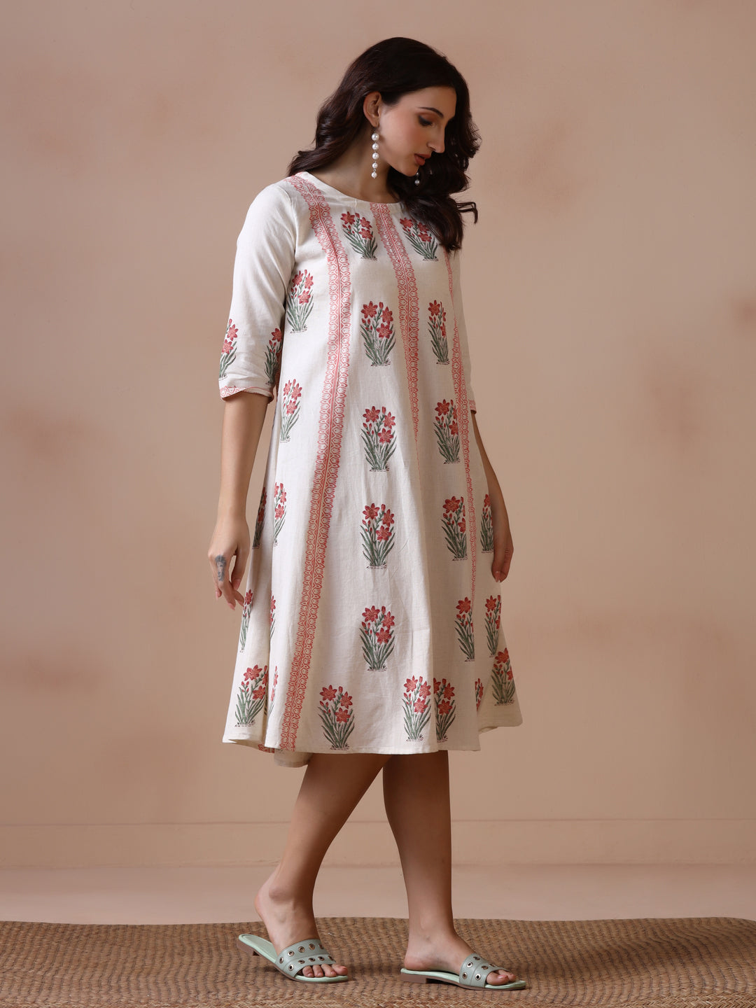 Off-White Floral Block Print A-Line Cotton Midi Dress with Pockets